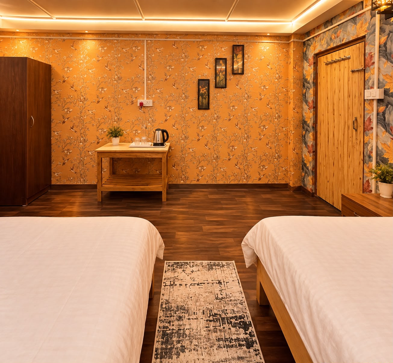 Skywalk Suite — two queen beds facing a wooden tea table and wardrobe