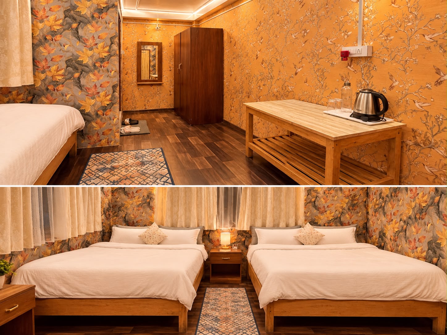 Skywalk Suite — orange floral-wallpaper sitting area with a tea table, and the room's two queen beds
